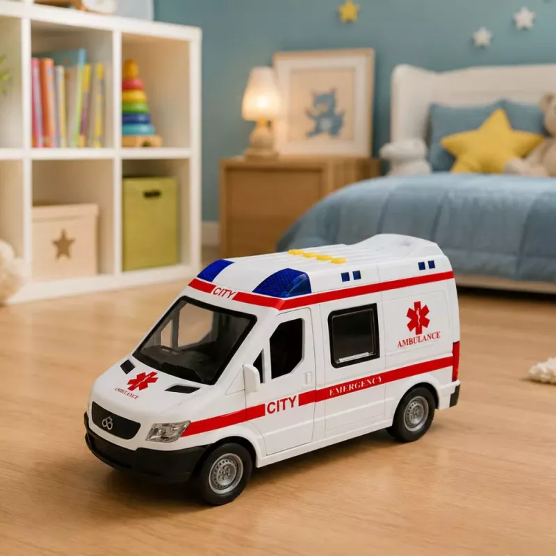LEAN TOYS Ambulance Stretcher Drive Lights Sounds White 1:10
