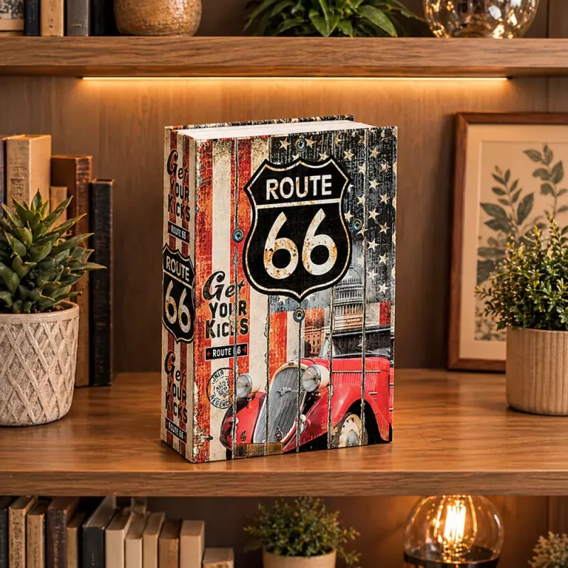 LEAN TOYS Knyga-seifas su raktu Maža pinigų dėžutė Route 66 Didelė