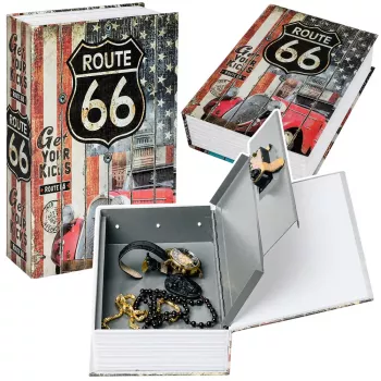 LEAN TOYS Knyga-seifas su raktu Maža pinigų dėžutė Route 66 Didelė