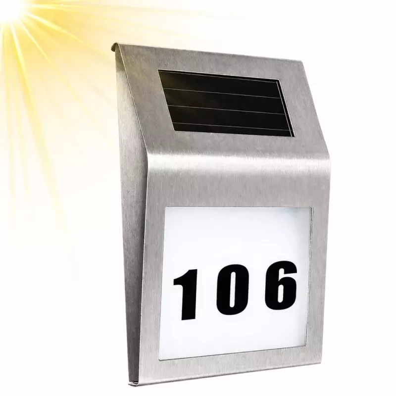 LEAN Solar LED sieninis šviestuvas su namo numerio apšvietimu, nerūdijantis plienas