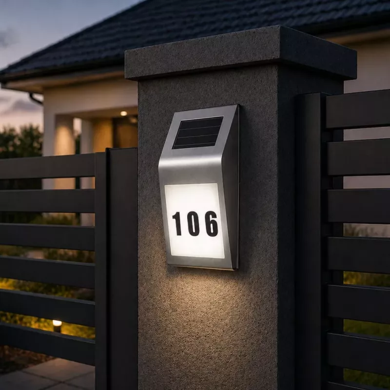 LEAN Solar LED sieninis šviestuvas su namo numerio apšvietimu, nerūdijantis plienas