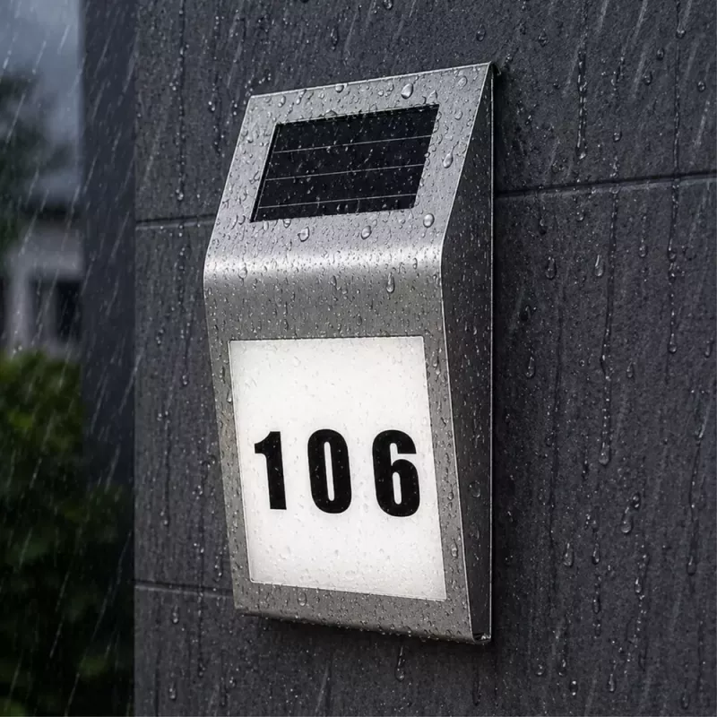 LEAN Solar LED sieninis šviestuvas su namo numerio apšvietimu, nerūdijantis plienas