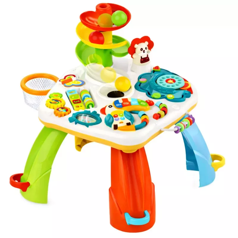 LEAN TOYS Edukacinis stalas su interaktyviu pianinu, kamuoliukų čiuožykla ir judančiais elementais
