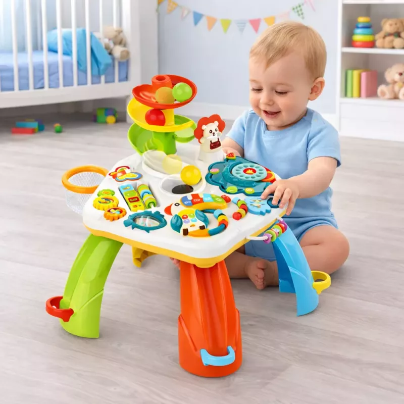 LEAN TOYS Edukacinis stalas su interaktyviu pianinu, kamuoliukų čiuožykla ir judančiais elementais