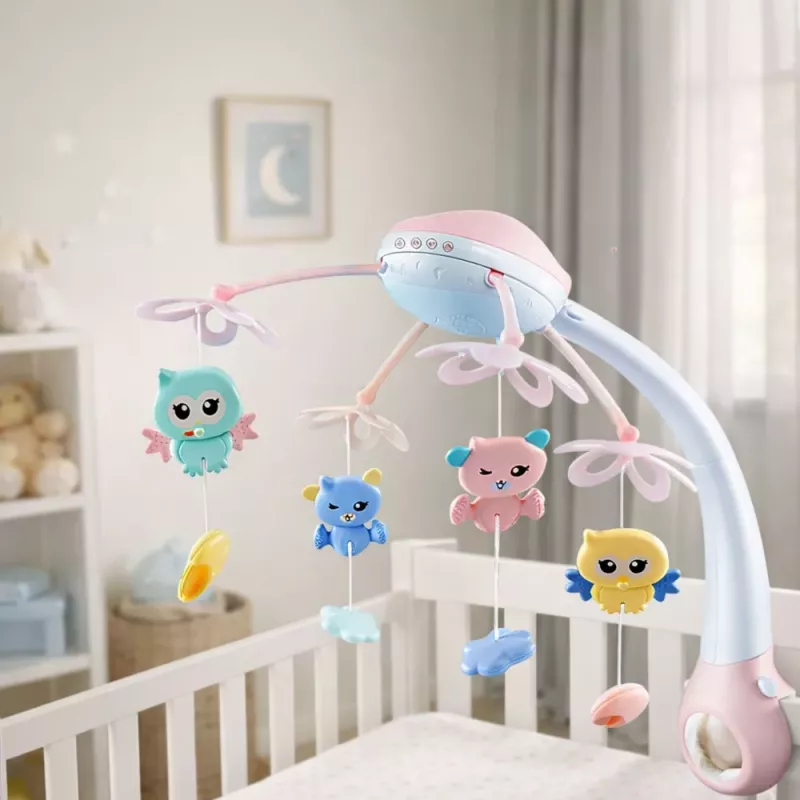 LEAN TOYS Crib Carousel Projector 2 in 1 Melodies Animal Sounds Remote Control Pink