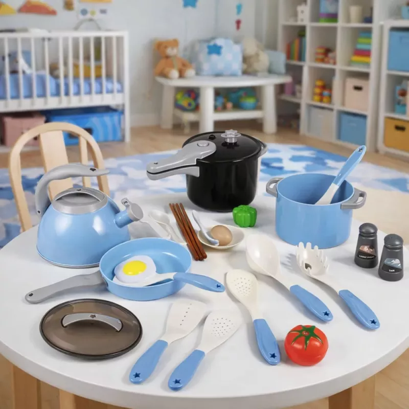 LEAN TOYS Virtuvės reikmenų rinkinys Puodai Keptuvė Virdulys Priedai Mėlyna 32 vnt.