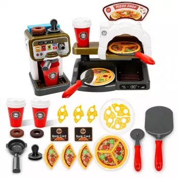 LEAN TOYS Pizzeria rinkinys su picos krosnele, kavos aparatu ir aksesuarais