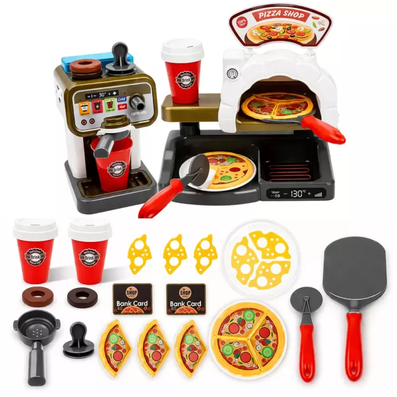 LEAN TOYS Pizzeria rinkinys su picos krosnele, kavos aparatu ir aksesuarais