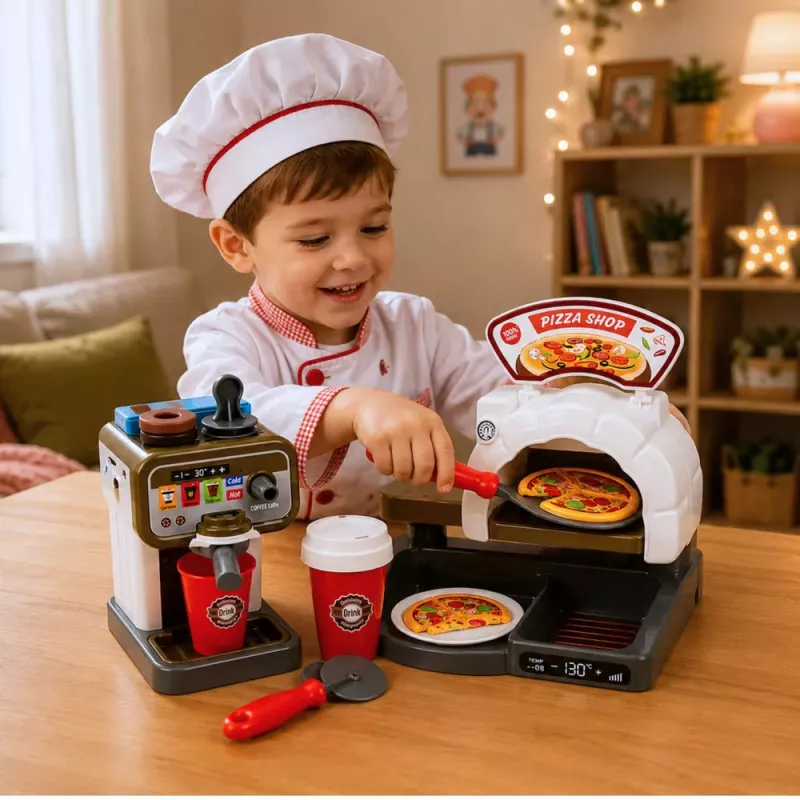 LEAN TOYS Pizzeria rinkinys su picos krosnele, kavos aparatu ir aksesuarais