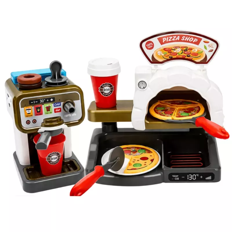 LEAN TOYS Pizzeria rinkinys su picos krosnele, kavos aparatu ir aksesuarais