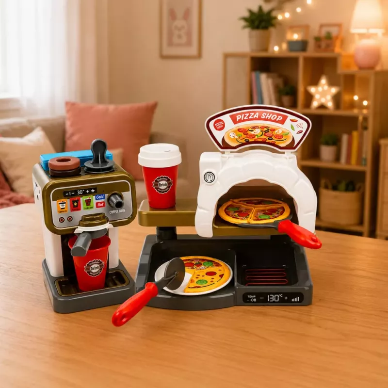 LEAN TOYS Pizzeria rinkinys su picos krosnele, kavos aparatu ir aksesuarais