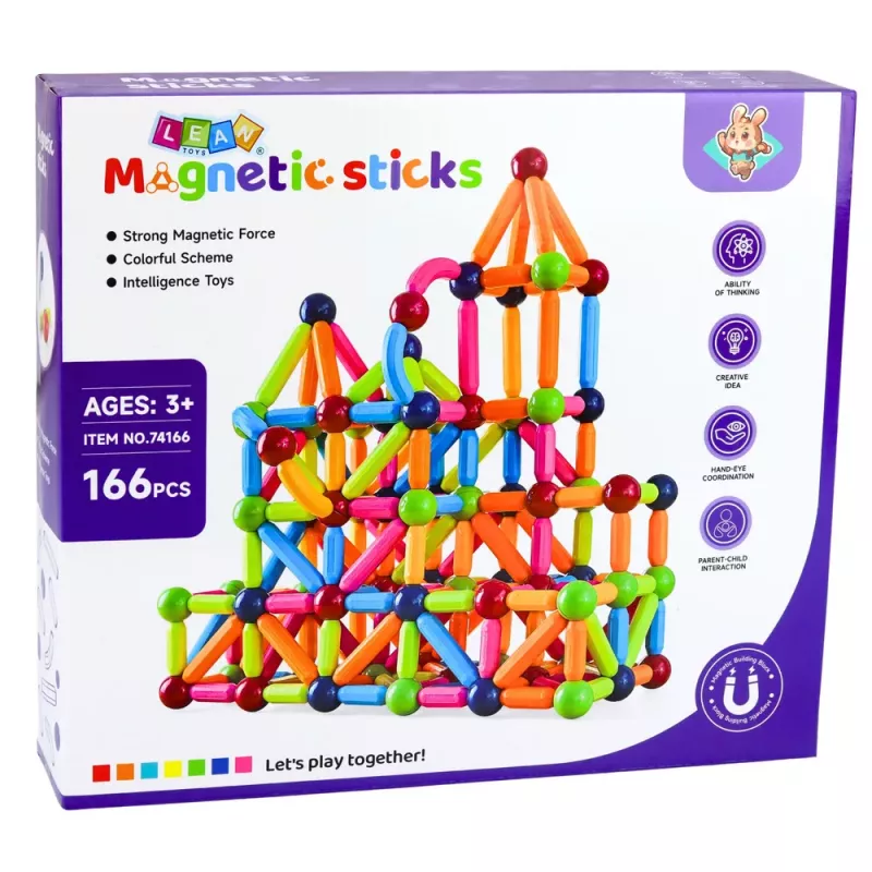 LEAN TOYS Magnetinių konstrukcinių pagaliukų rinkinys Kūrybingas Spalvingas 166 vnt.