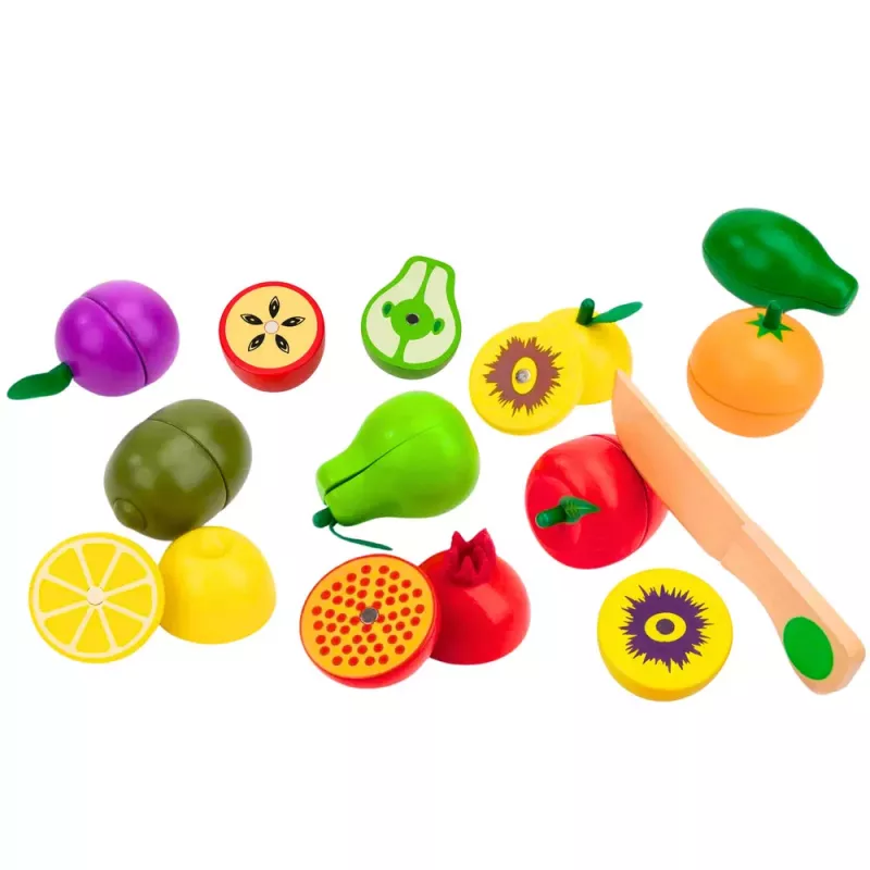 LEAN TOYS Medinis vaisių pjaustymo rinkinys su magnetiniu peiliu ir pjaustymo lentele