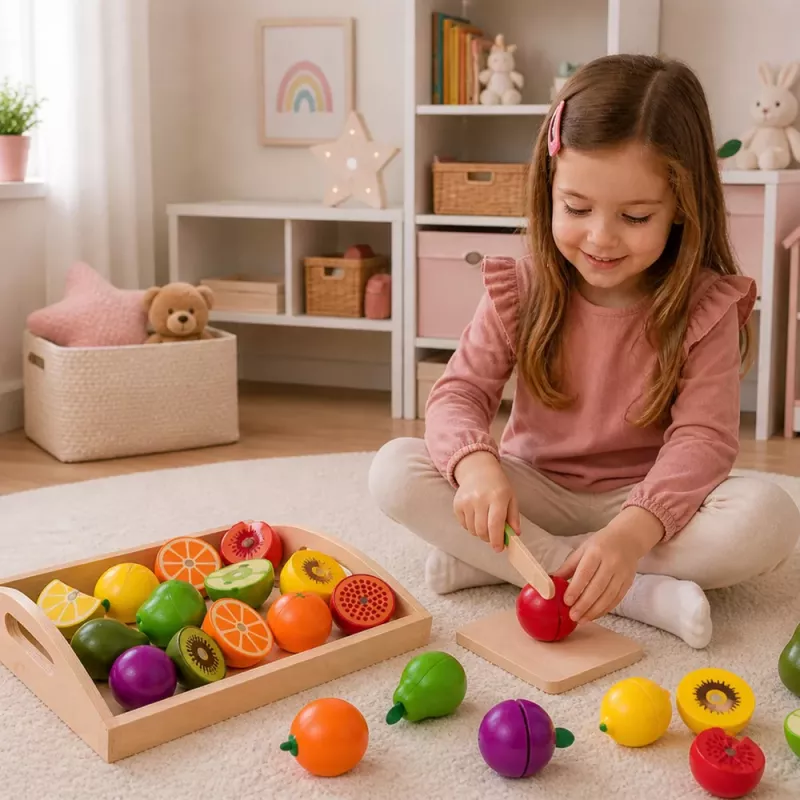 LEAN TOYS Medinis vaisių pjaustymo rinkinys su magnetiniu peiliu ir pjaustymo lentele
