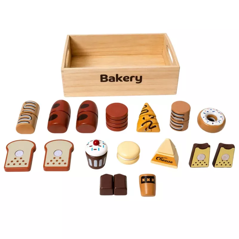LEAN TOYS Medinis mini kepyklėlės rinkinys su duona su Velcro dėžutėje, 10 vnt.
