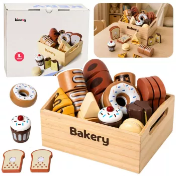 LEAN TOYS Medinis mini kepyklėlės rinkinys su duona su Velcro dėžutėje, 10 vnt.