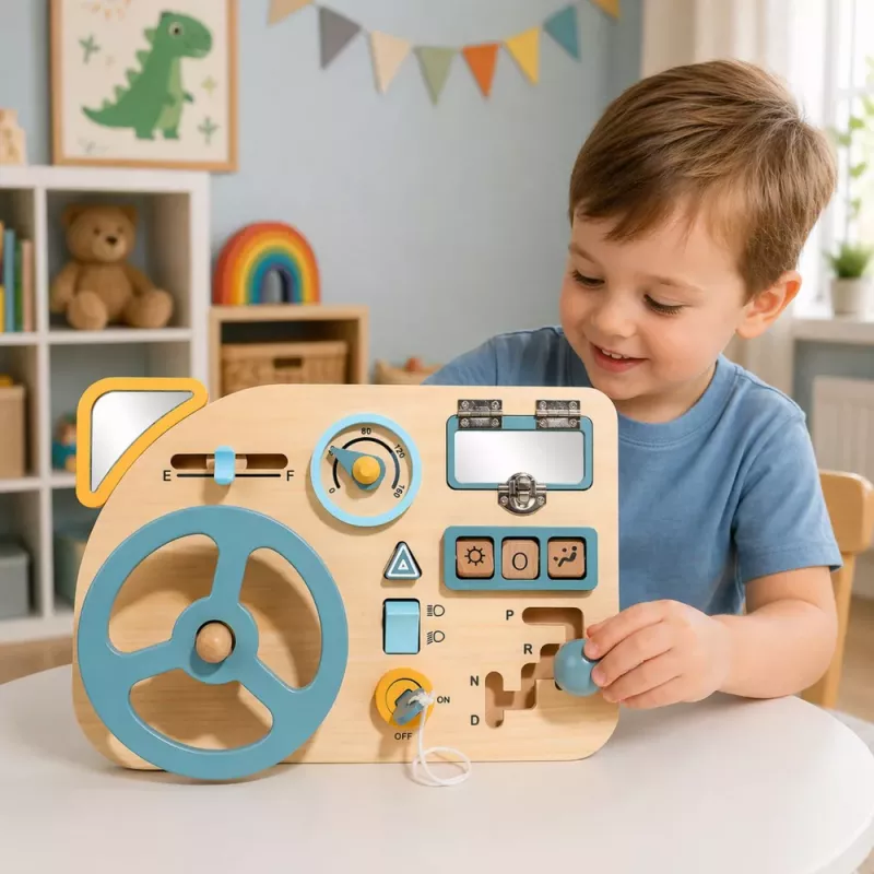LEAN TOYS Medinė manipuliacinė lenta Sensorinis vairas Jungiklis Svirtis