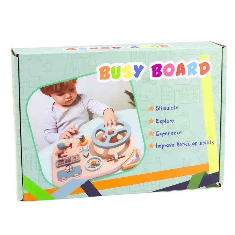 LEAN TOYS Medinė manipuliacinė lenta Sensorinis vairas Jungiklis Svirtis