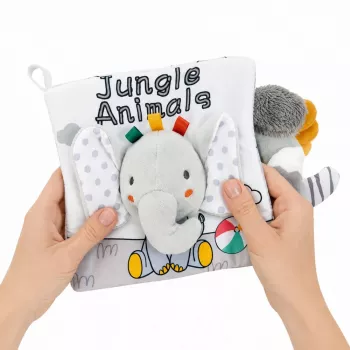 LEAN TOYS Minkštas sensorinis knygelė su ošiančiu ir cypiančiu drambliu, pilka