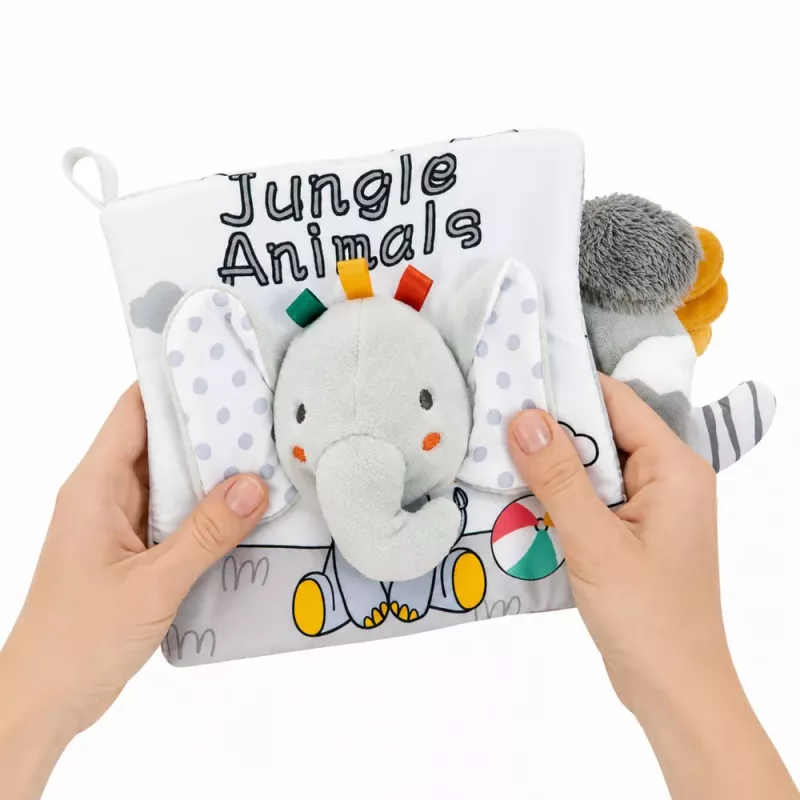 LEAN TOYS Minkštas sensorinis knygelė su ošiančiu ir cypiančiu drambliu, pilka