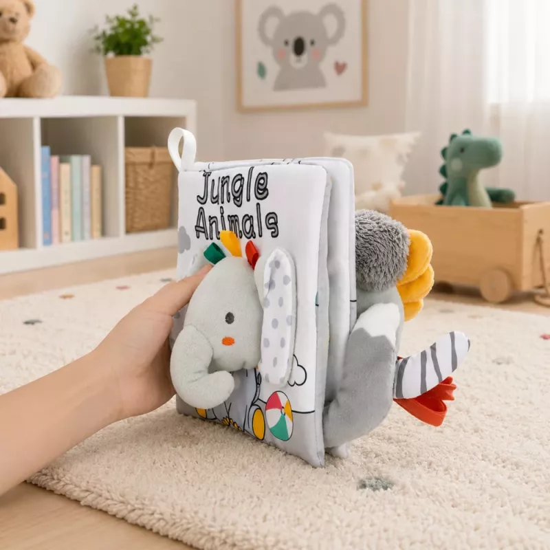 LEAN TOYS Minkštas sensorinis knygelė su ošiančiu ir cypiančiu drambliu, pilka