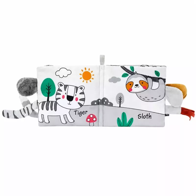 LEAN TOYS Minkštas sensorinis knygelė su ošiančiu ir cypiančiu drambliu, pilka