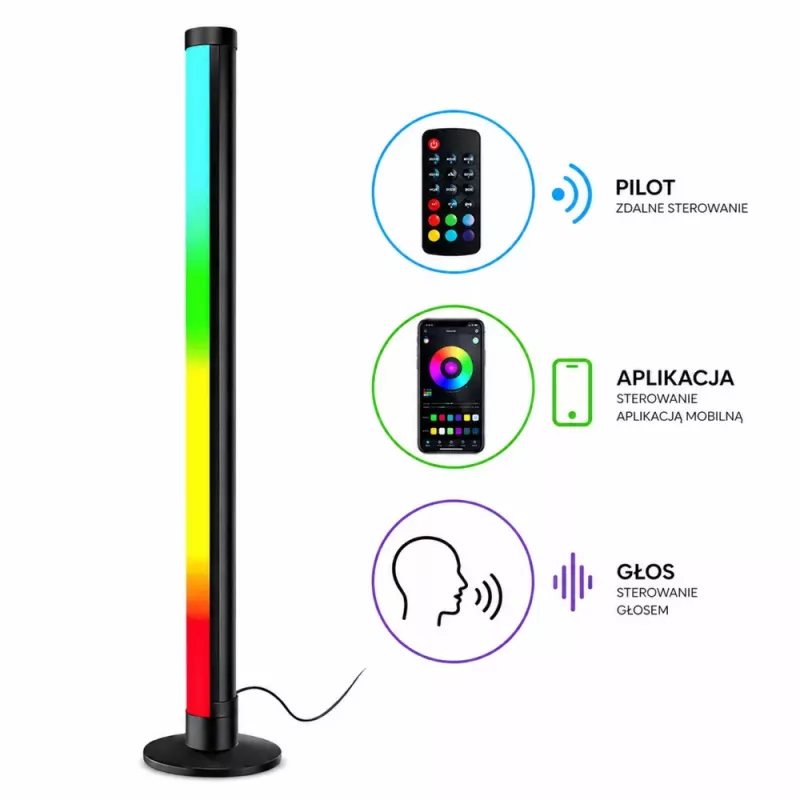 LEAN RGB LED kampinė grindinė lempa su muzikos režimu, nuotolinio valdymo pulteliu ir programėle, 90 cm