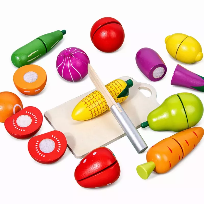 LEAN TOYS Medinė vaisių ir daržovių pjaustymo lenta su saugiu peiliu ir kibiru, 13 dalių