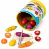 LEAN TOYS Medinė vaisių ir daržovių pjaustymo lenta su saugiu peiliu ir kibiru, 13 dalių