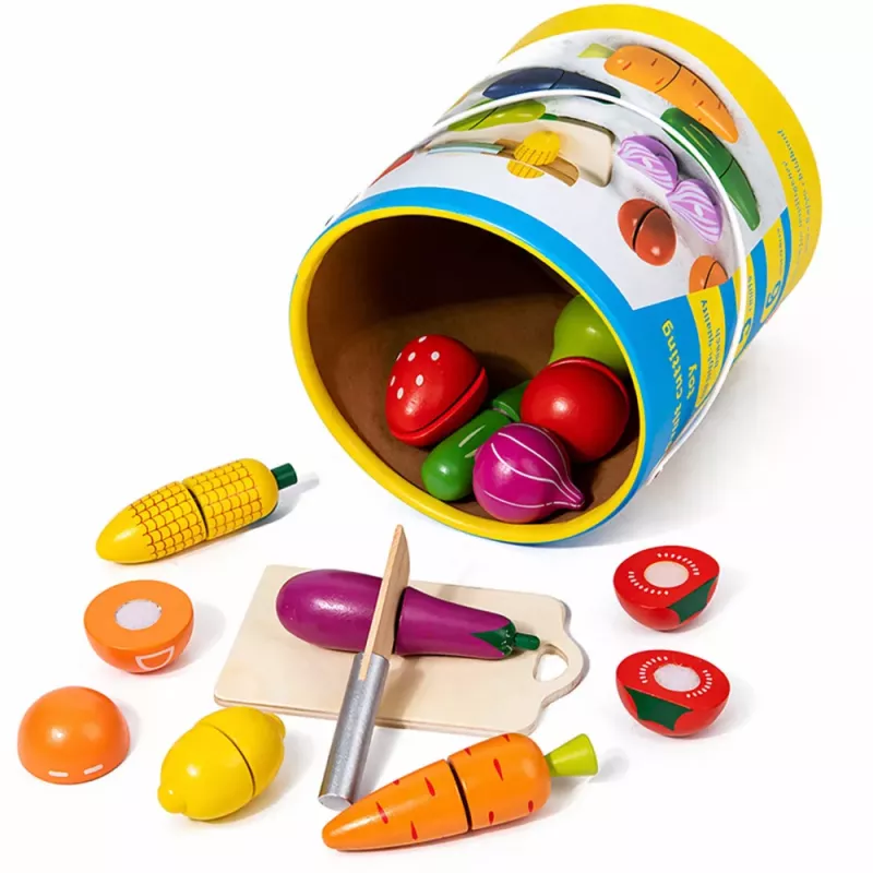 LEAN TOYS Medinė vaisių ir daržovių pjaustymo lenta su saugiu peiliu ir kibiru, 13 dalių
