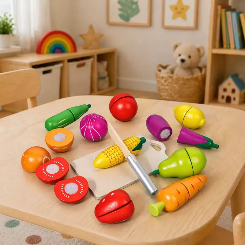LEAN TOYS Medinė vaisių ir daržovių pjaustymo lenta su saugiu peiliu ir kibiru, 13 dalių