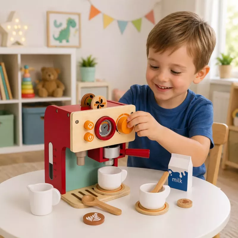 LEAN TOYS Wooden Coffee Maker Set Small Barista Cups Accessories