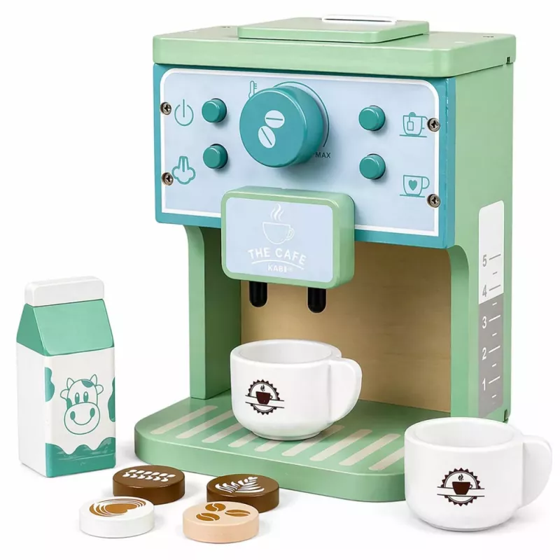 LEAN TOYS Medinis kavos aparato rinkinys su puodeliais, pienu ir aksesuarais vaikams