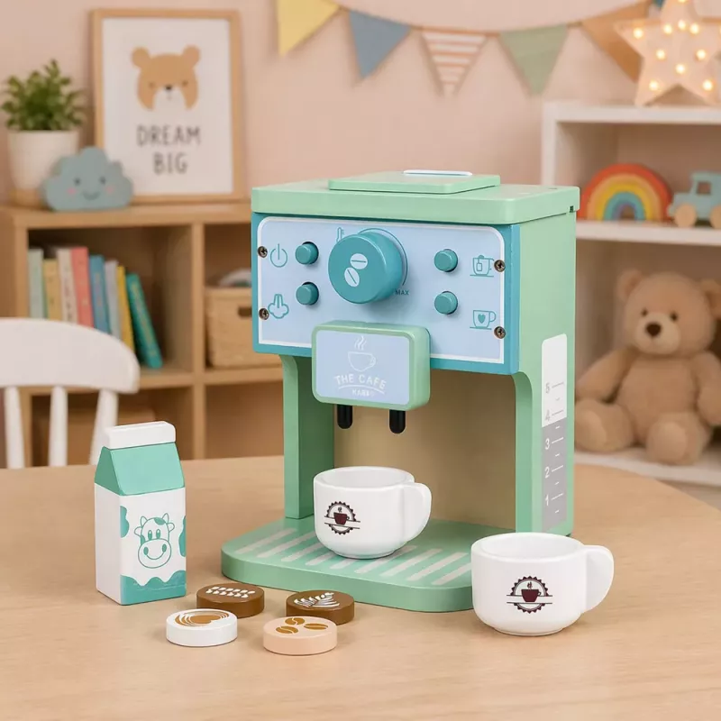 LEAN TOYS Medinis kavos aparato rinkinys su puodeliais, pienu ir aksesuarais vaikams