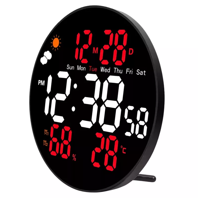 LEAN Digital LED Wall Clock Date Temperature Humidity Alarm Remote Control 25 cm