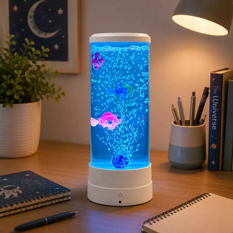 LEAN Dekoratyvinė naktinė lemputė LED RGB Akvariumas su žuvimis 16 spalvų USB Balta