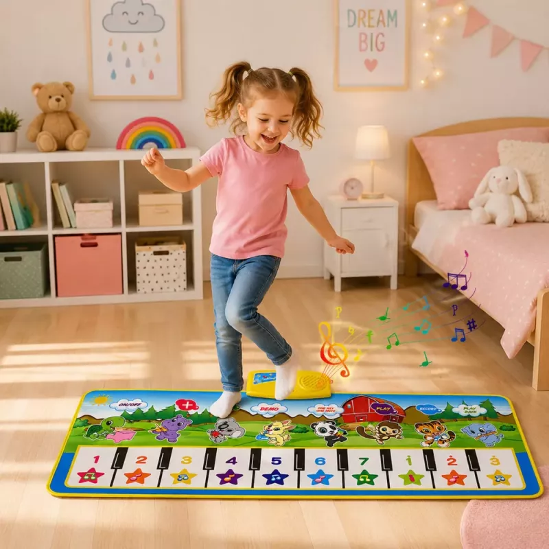 LEAN TOYS Edukacinis muzikinis kilimėlis pianinas gyvūnai instrumentų garsai 100x36 cm