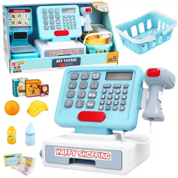 LEAN TOYS Interaktyvus kasos aparatas su skaitytuvu, krepšeliu, maisto produktais, šviesomis ir garsais
