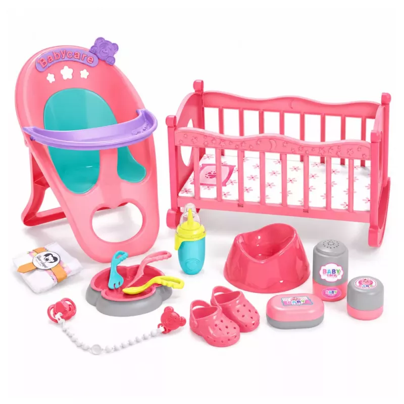 LEAN TOYS Interaktyvi kūdikio lėlė su šlapinimosi funkcija, vežimėliu, lopšiu ir aksesuarais 3-in-1 rinkinys