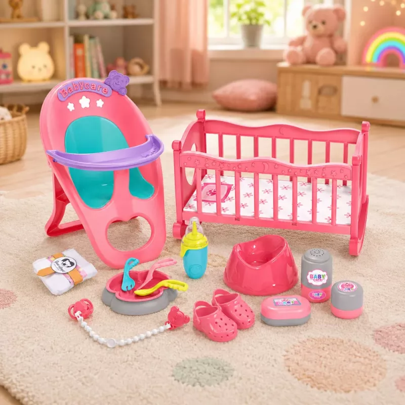 LEAN TOYS 3-in-1 interaktyvus kūdikio lėlės rinkinys su šlapinimosi funkcija, lopšiu ir vežimėliu