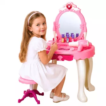 LEAN TOYS Vaikų tualetinis staliukas su kėde, šviesomis, džiovintuvu, aksesuarais, garsais, rožinis