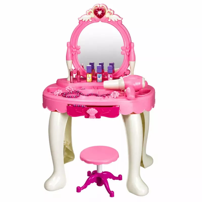 LEAN TOYS Vaikų tualetinis staliukas su kėde, šviesomis, džiovintuvu, aksesuarais, garsais, rožinis