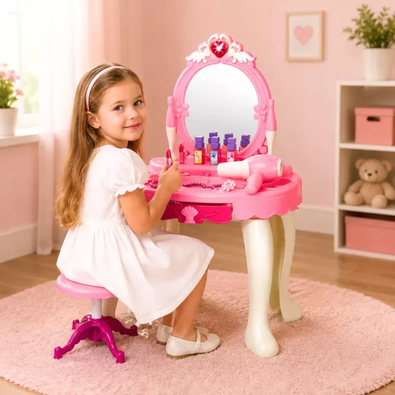 LEAN TOYS Vaikų tualetinis staliukas su kėde, šviesomis, džiovintuvu, aksesuarais, garsais, rožinis