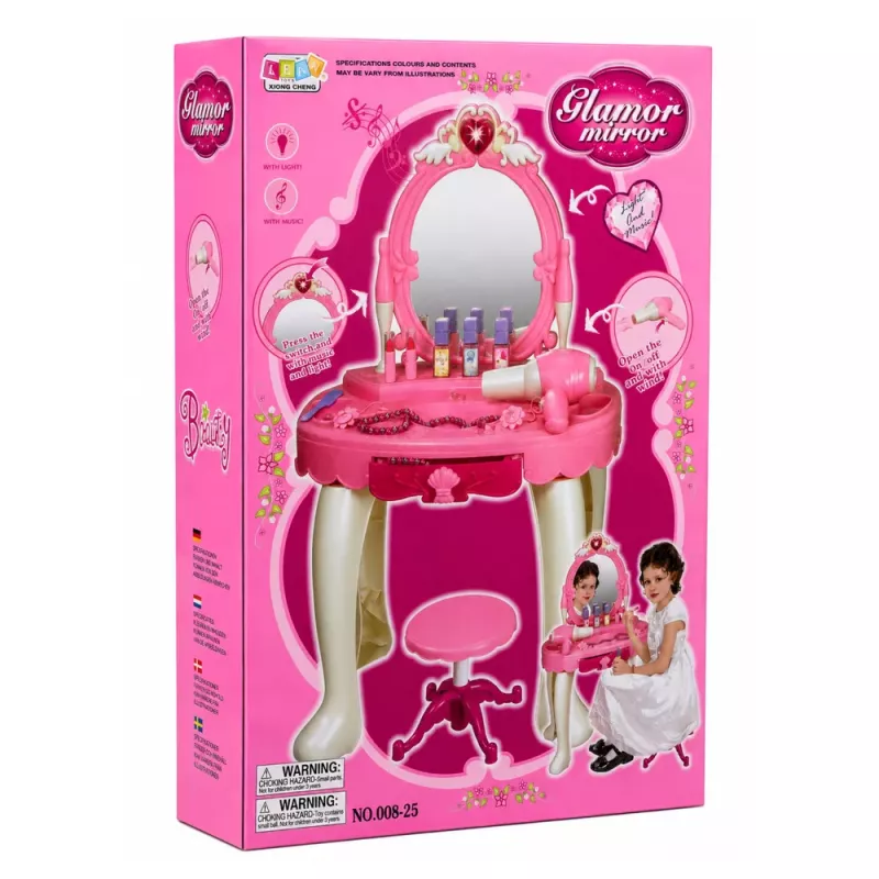 LEAN TOYS Vaikų tualetinis staliukas su kėde, šviesomis, džiovintuvu, aksesuarais, garsais, rožinis