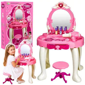 LEAN TOYS Vaikų tualetinis staliukas su kėde, šviesomis, džiovintuvu, aksesuarais, garsais, rožinis