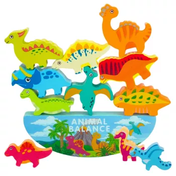 LEAN TOYS Dinozaurų bokšto pusiausvyros žaidimas Vikrumo mediniai blokeliai dėlionė 12 vnt.
