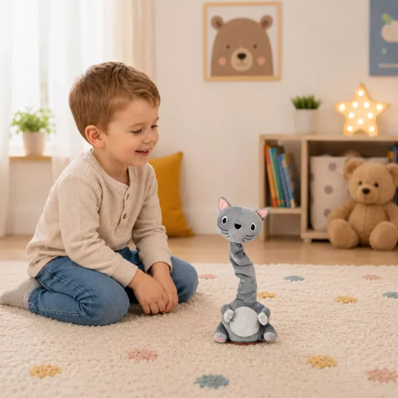 LEAN TOYS Pliušinis šokantis katinas interaktyvus žaislas su muzikiniais garsais, talismanas, pilkas