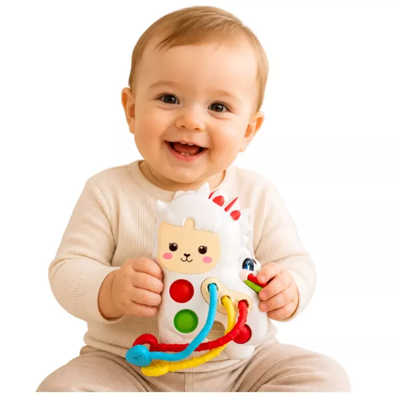 LEAN TOYS Sensorinis žaislas mažiems vaikams Lama su virvelėmis Pop-It karoliukai