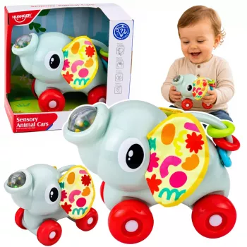 LEAN TOYS Interaktyvus sensorinis žaislas dramblio automobilis mažiems vaikams pilka
