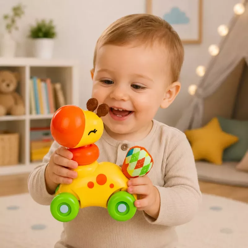LEAN TOYS Interaktyvus sensorinis žaislas Žirafa automobilis mažiems vaikams Geltona
